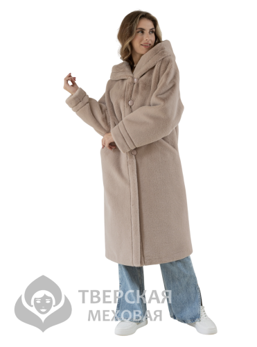 Шуба из эко меха "Аннабель" капюшон пудровый 110